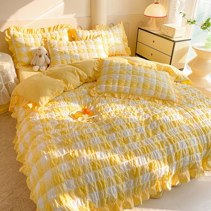 91家纺网 家纺一手货源 找家纺 （总）九诺 2024春夏新款泡泡纱花边彩虹泡芙系列四件套