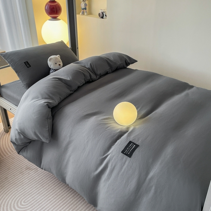 91家纺网 家纺一手货源 找家纺 米瑞娜2024水洗棉麻双拼纯色学生款四件套 高级灰