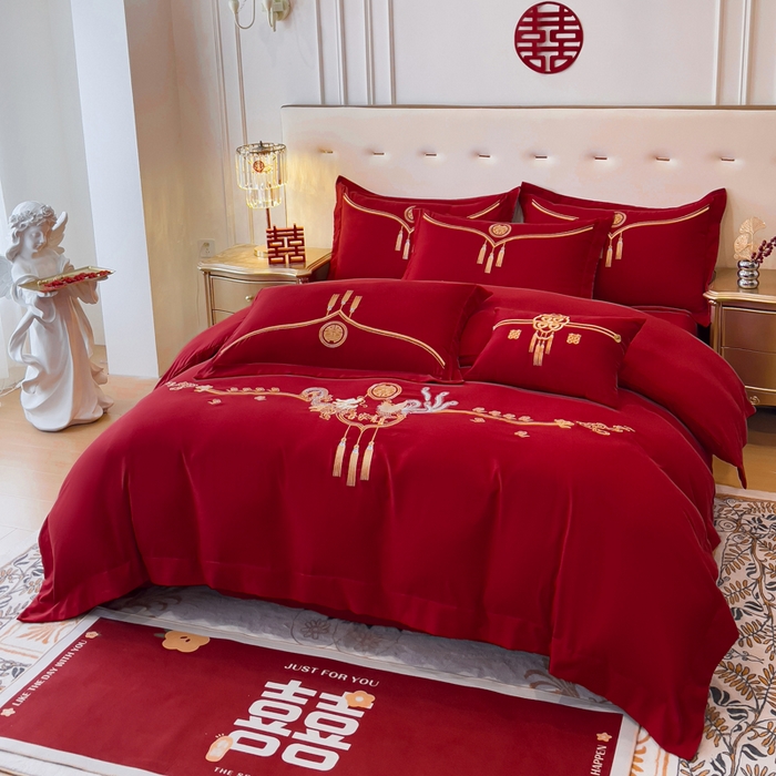 91家纺网 家纺一手货源 找家纺 2024新款亲肤面料婚庆刺绣系列四件套 龙凤呈祥