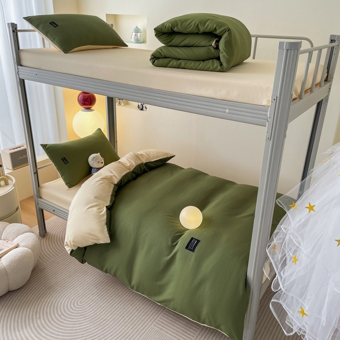 91家纺网 家纺一手货源 找家纺 米瑞娜2024水洗棉麻双拼纯色学生款四件套 橄榄绿+奶油