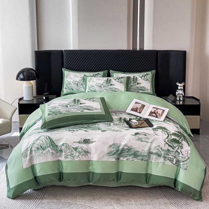 91家纺网 家纺一手货源 找家纺 2024新款水洗真丝画意山水系列四件套 画意山水-绿