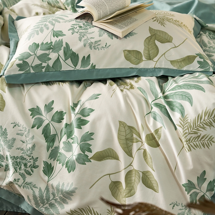 91家纺网 家纺一手货源 找家纺 千朵森 2024新款全棉长绒棉拼角款印花四件套（风格一） 绿茵