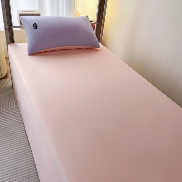 91家纺网 家纺一手货源 找家纺 米瑞娜2024水洗棉麻双拼纯色学生款床笠 丁香紫+西梅粉