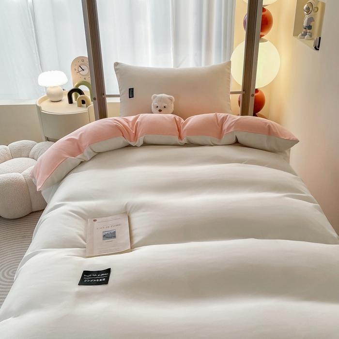 91家纺网 家纺一手货源 找家纺 米瑞娜2024水洗棉麻双拼纯色学生款被套 奶白+冰粉