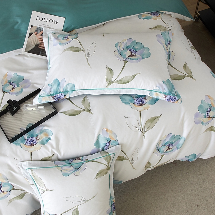 91家纺网 家纺一手货源 找家纺 沐白 2024新款全棉全棉13376全活性印花黄金棉系列四件套 佩利-蓝