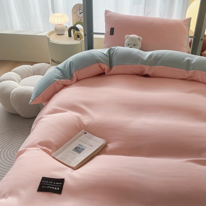 91家纺网 家纺一手货源 找家纺 米瑞娜2024水洗棉麻双拼纯色学生款被套 冰粉+自然绿