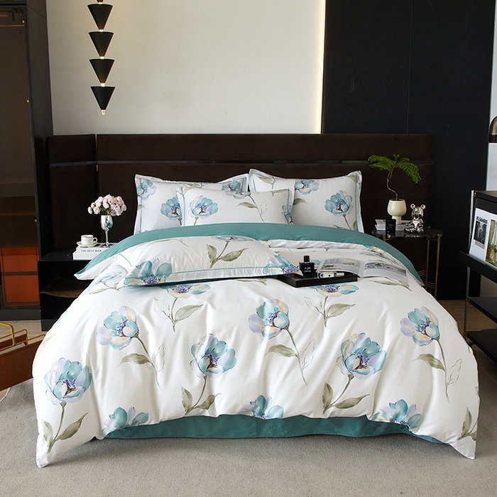 91家纺网 家纺一手货源 找家纺 沐白 2024新款全棉全棉13376全活性印花黄金棉系列四件套 佩利-蓝