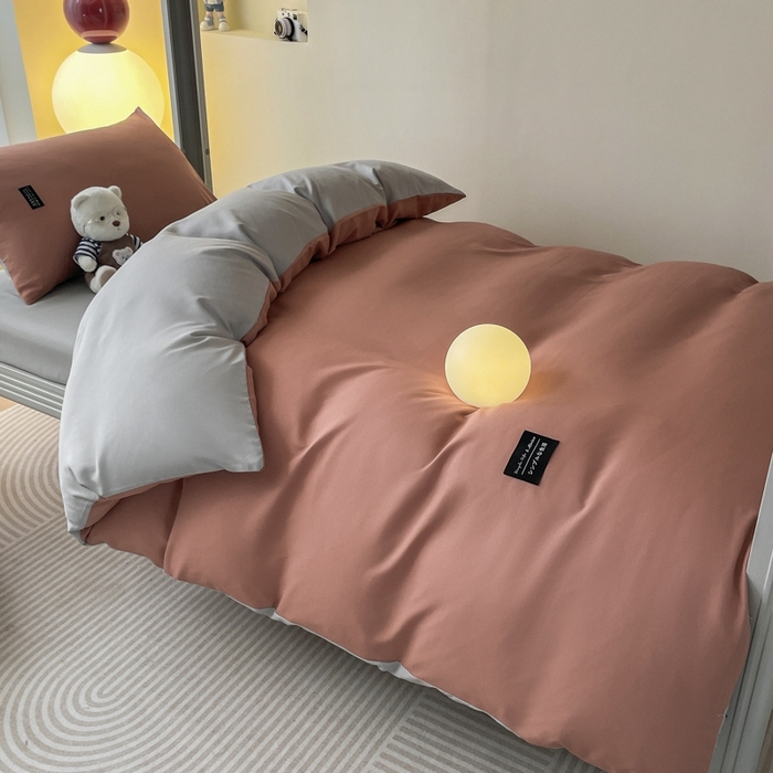 91家纺网 家纺一手货源 找家纺 米瑞娜2024水洗棉麻双拼纯色学生款被套 黛粉+浅灰