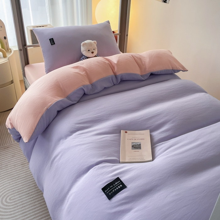 91家纺网 家纺一手货源 找家纺 米瑞娜 2024新款水洗棉麻双拼纯色学生三件套 丁香紫+西梅粉