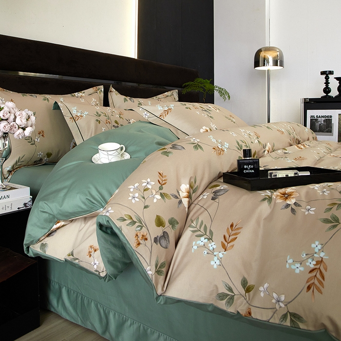 91家纺网 家纺一手货源 找家纺 沐白 2024新款全棉全棉13376全活性印花黄金棉系列四件套 木槿-咖