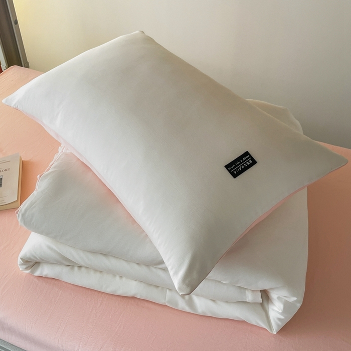 91家纺网 家纺一手货源 找家纺 米瑞娜2024水洗棉麻双拼纯色学生款枕套 奶白+冰粉