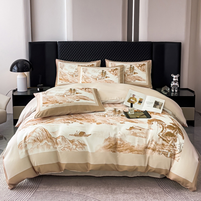 91家纺网 家纺一手货源 找家纺 2024新款水洗真丝画意山水系列四件套 画意山水-咖