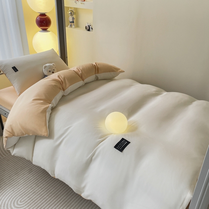 91家纺网 家纺一手货源 找家纺 米瑞娜2024水洗棉麻双拼纯色学生款被套 奶茶+芝士