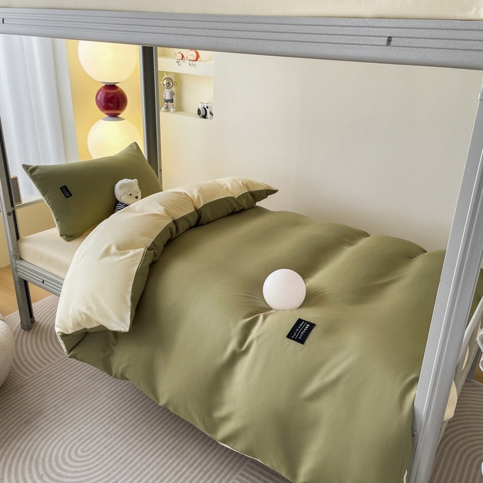 91家纺网 家纺一手货源 找家纺 米瑞娜2024水洗棉麻双拼纯色学生款四件套 抹茶+奶油