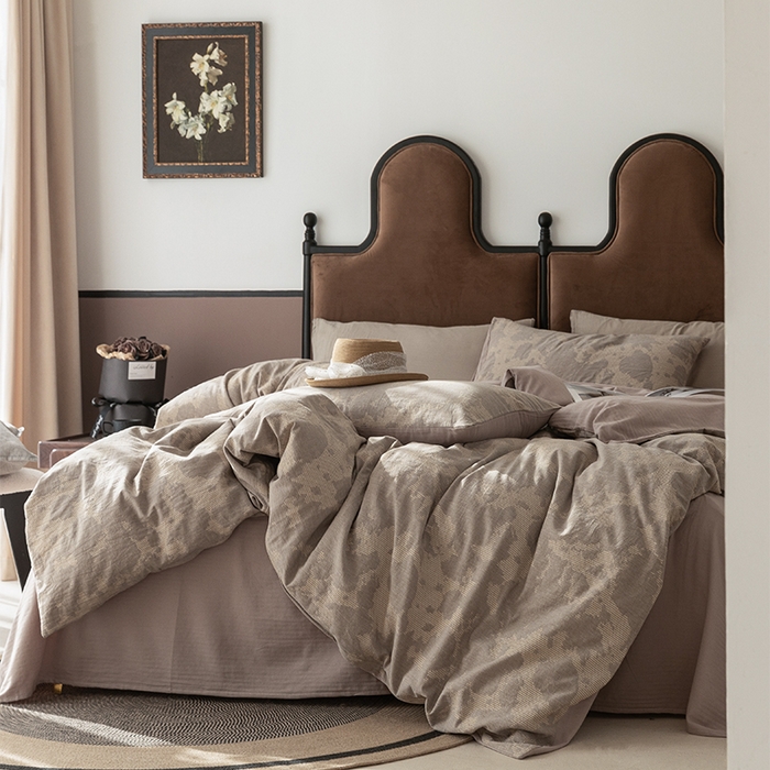 91家纺网 家纺一手货源 找家纺 棉邦 2024新款全棉色织工艺双层纱四件套 大展宏图卡其