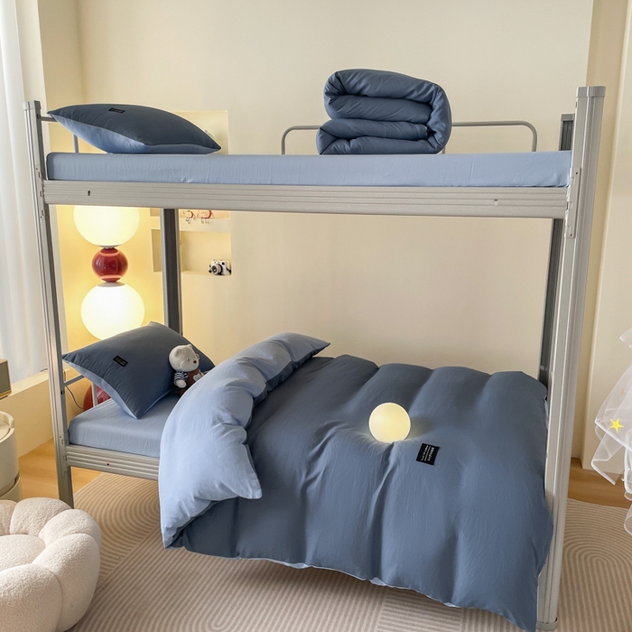 91家纺网 家纺一手货源 找家纺 米瑞娜 2024新款水洗棉麻双拼纯色学生三件套 雾蓝+淡蓝