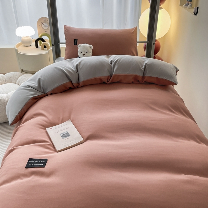 91家纺网 家纺一手货源 找家纺 米瑞娜2024水洗棉麻双拼纯色学生款被套 黛粉+浅灰