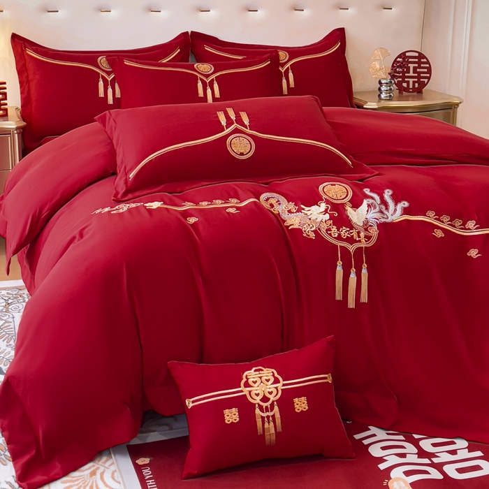 91家纺网 家纺一手货源 找家纺 2024新款亲肤面料婚庆刺绣系列四件套 龙凤呈祥