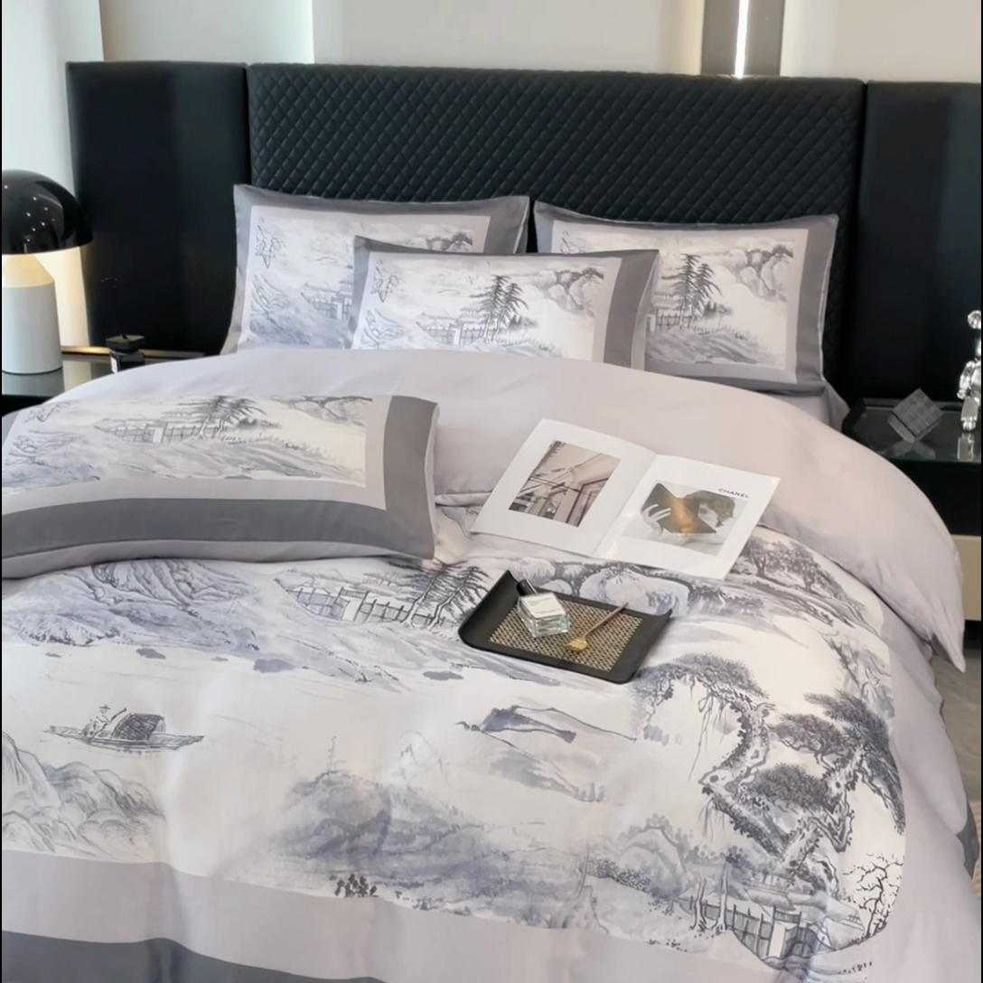 91家纺网 家纺一手货源 找家纺 2024新款水洗真丝画意山水系列四件套 画意山水-灰
