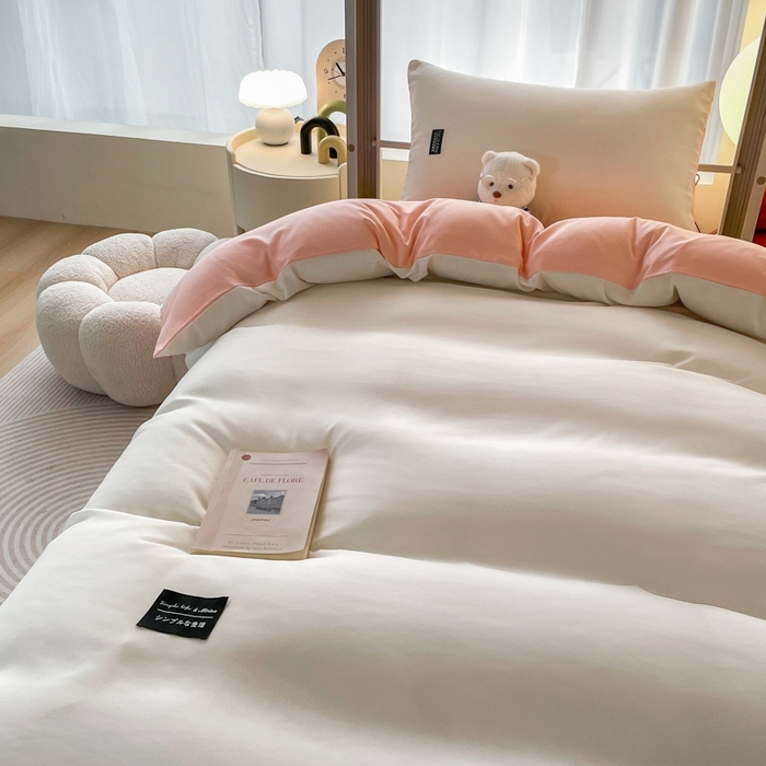 91家纺网 家纺一手货源 找家纺 米瑞娜2024水洗棉麻双拼纯色学生款被套 奶白+冰粉