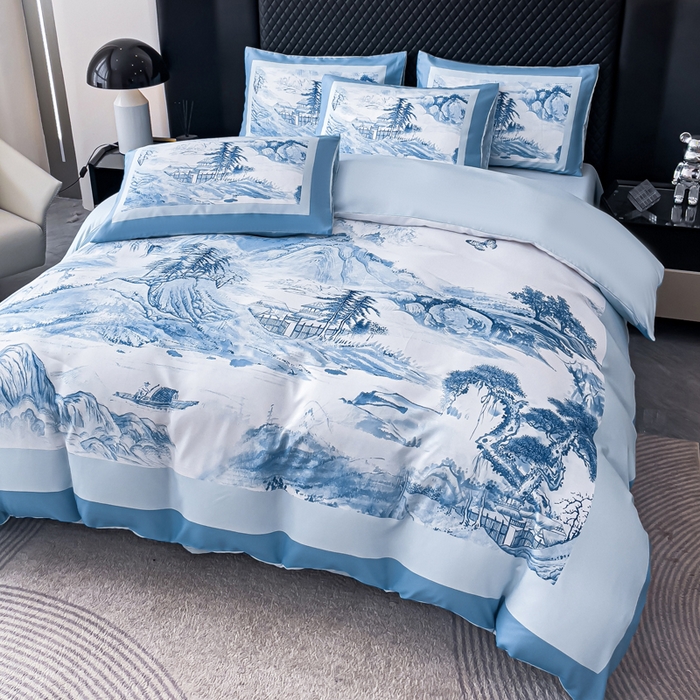 91家纺网 家纺一手货源 找家纺 2024新款水洗真丝画意山水系列四件套 画意山水-蓝