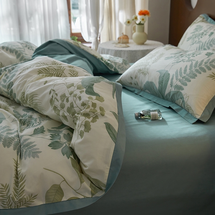 91家纺网 家纺一手货源 找家纺 千朵森 2024新款全棉长绒棉拼角款印花四件套（风格二） 绿茵