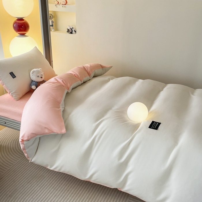 91家纺网 家纺一手货源 找家纺 米瑞娜2024水洗棉麻双拼纯色学生款被套 奶白+冰粉