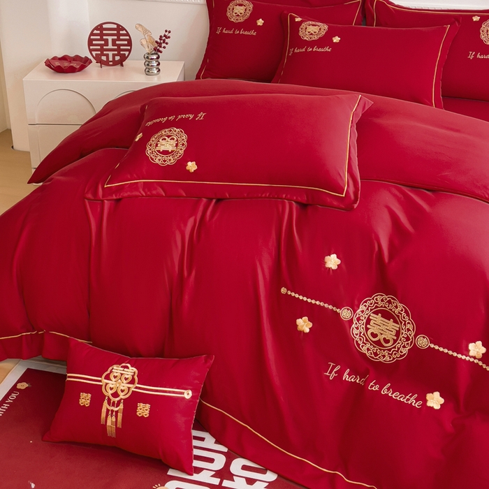 91家纺网 家纺一手货源 找家纺 2024新款亲肤面料婚庆刺绣系列四件套 吾家有喜