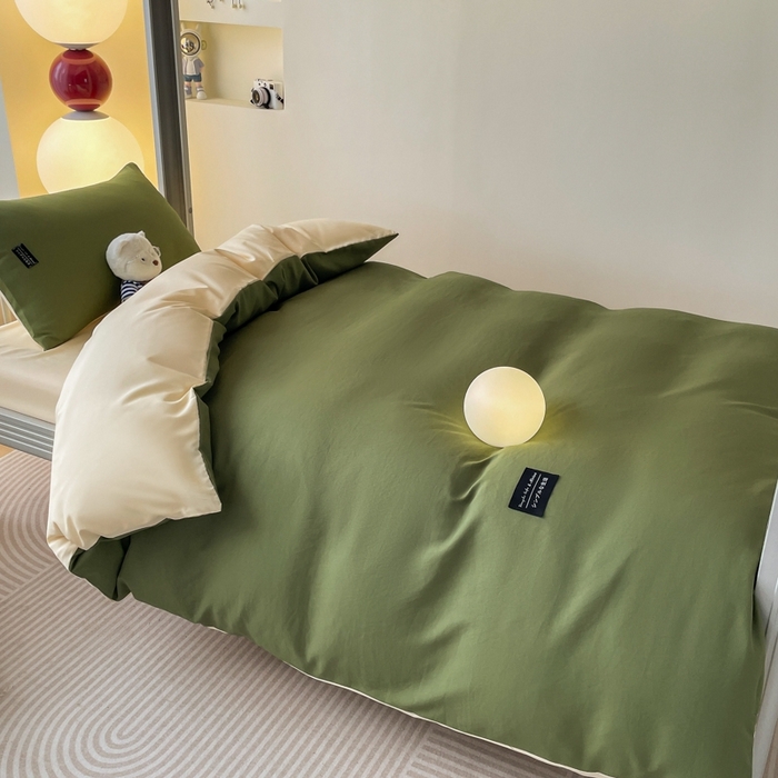 91家纺网 家纺一手货源 找家纺 米瑞娜2024水洗棉麻双拼纯色学生款四件套 橄榄绿+奶油