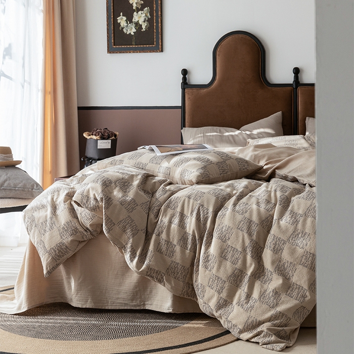 91家纺网 家纺一手货源 找家纺 棉邦 2024新款全棉色织工艺双层纱四件套 格高意远卡其