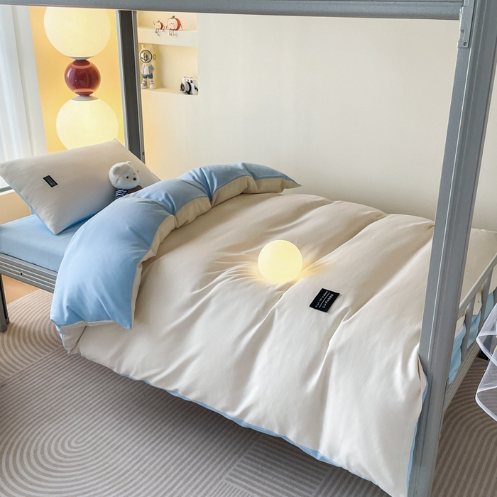 91家纺网 家纺一手货源 找家纺 米瑞娜2024水洗棉麻双拼纯色学生款被套 奶白+淡蓝