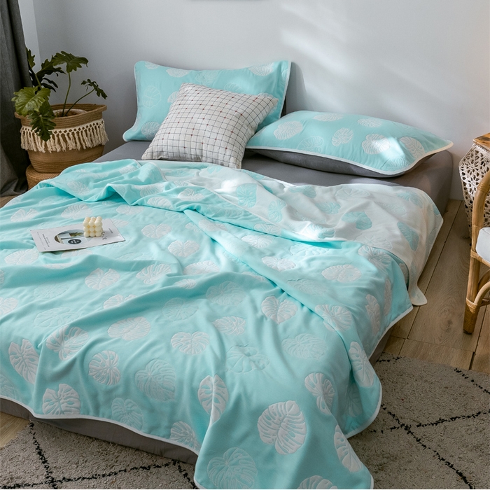 91家纺网 家纺一手货源 找家纺 朴尔 2024经典六层纱布全棉毛巾被系列 芭蕉情缘-蓝