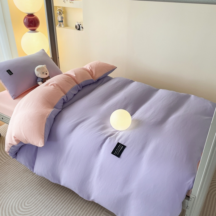 91家纺网 家纺一手货源 找家纺 米瑞娜 2024新款水洗棉麻双拼纯色学生三件套 丁香紫+西梅粉