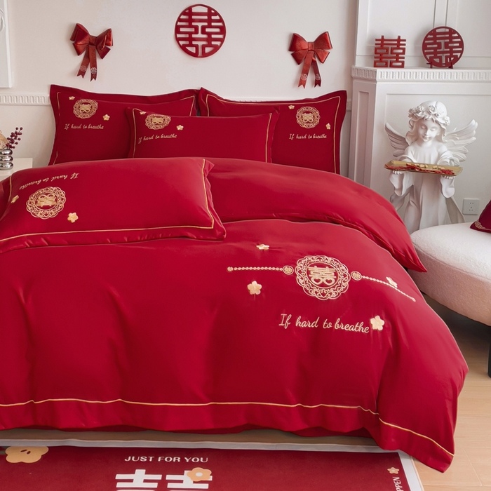 91家纺网 家纺一手货源 找家纺 2024新款亲肤面料婚庆刺绣系列四件套 吾家有喜