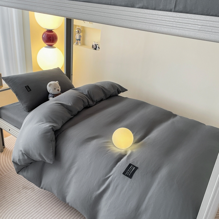 91家纺网 家纺一手货源 找家纺 米瑞娜 2024新款水洗棉麻双拼纯色学生三件套 高级灰