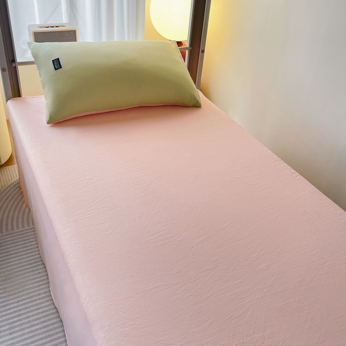 91家纺网 家纺一手货源 找家纺 米瑞娜2024水洗棉麻双拼纯色学生款床笠 豆绿+冰粉