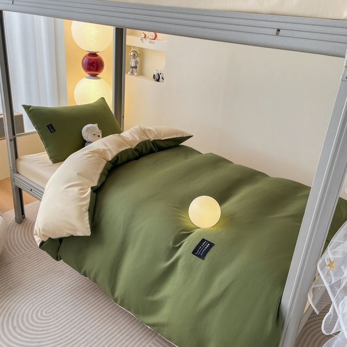 91家纺网 家纺一手货源 找家纺 米瑞娜2024水洗棉麻双拼纯色学生款四件套 橄榄绿+奶油