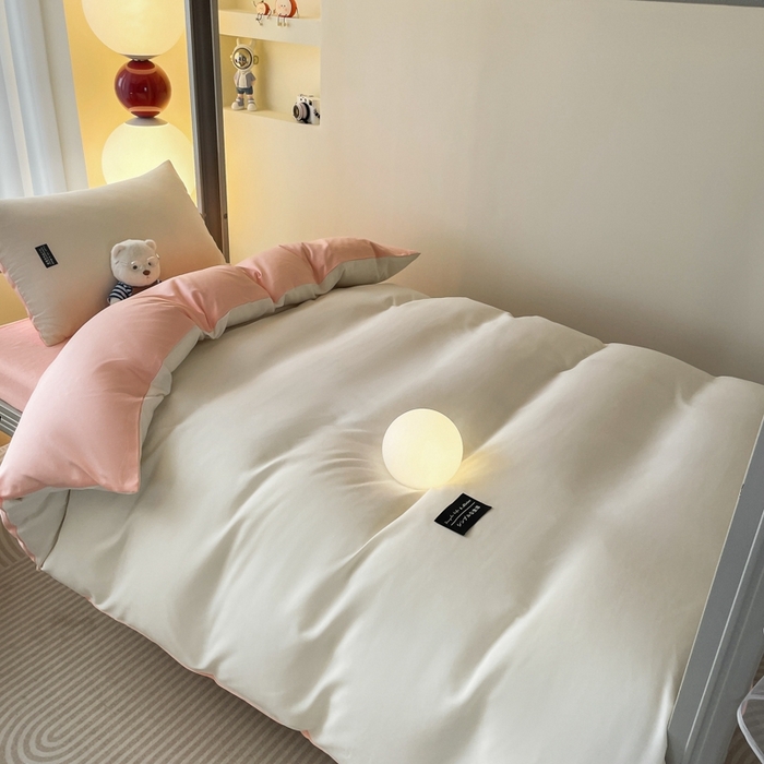 91家纺网 家纺一手货源 找家纺 米瑞娜2024水洗棉麻双拼纯色学生款被套 奶白+冰粉