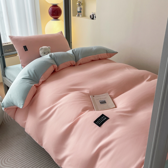 91家纺网 家纺一手货源 找家纺 米瑞娜 2024新款水洗棉麻双拼纯色学生三件套 冰粉+自然绿