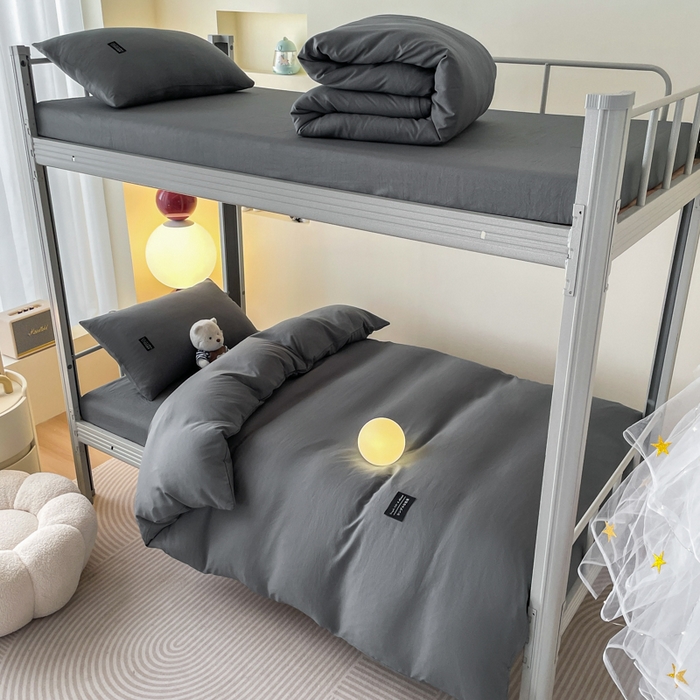 91家纺网 家纺一手货源 找家纺 米瑞娜 2024新款水洗棉麻双拼纯色学生三件套 高级灰