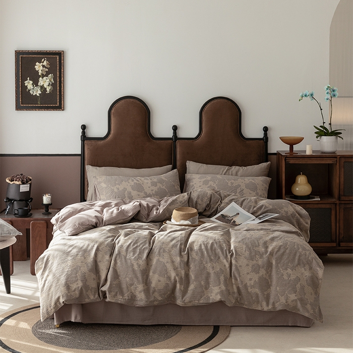 91家纺网 家纺一手货源 找家纺 棉邦 2024新款全棉色织工艺双层纱四件套 大展宏图卡其