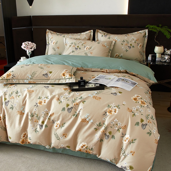 91家纺网 家纺一手货源 找家纺 沐白 2024新款全棉全棉13376全活性印花黄金棉系列四件套 木槿-咖