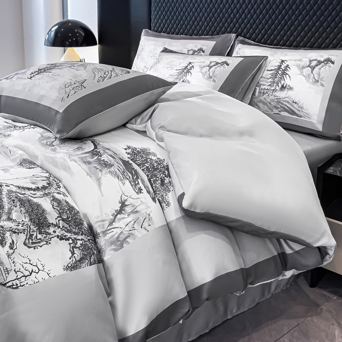 91家纺网 家纺一手货源 找家纺 2024新款水洗真丝画意山水系列四件套 画意山水-灰