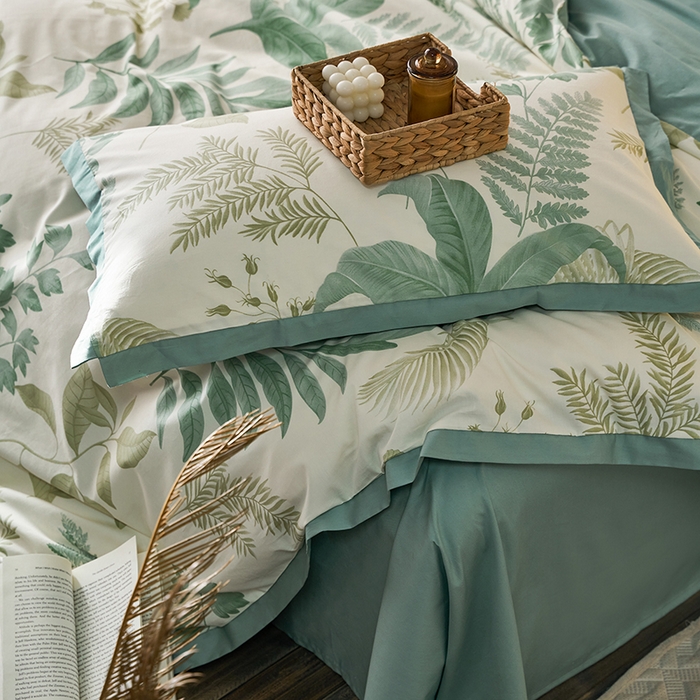 91家纺网 家纺一手货源 找家纺 千朵森 2024新款全棉长绒棉拼角款印花四件套（风格一） 绿茵