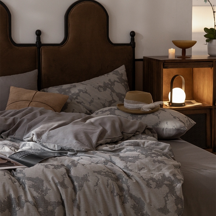 91家纺网 家纺一手货源 找家纺 棉邦 2024新款全棉色织工艺双层纱四件套 大展宏图冷灰