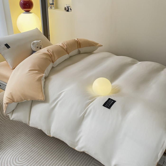 91家纺网 家纺一手货源 找家纺 米瑞娜 2024新款水洗棉麻双拼纯色学生三件套 奶茶+芝士