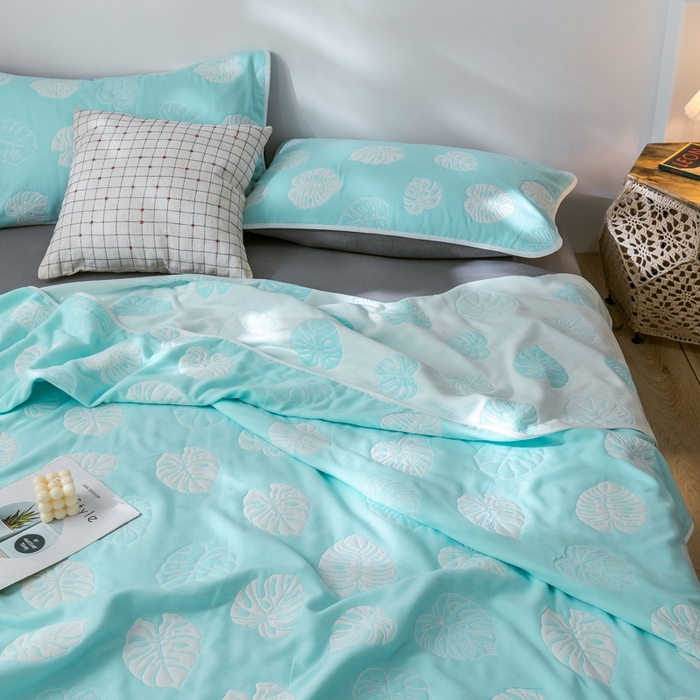 91家纺网 家纺一手货源 找家纺 朴尔 2024经典六层纱布全棉毛巾被系列 芭蕉情缘-蓝