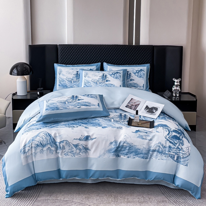91家纺网 家纺一手货源 找家纺 2024新款水洗真丝画意山水系列四件套 画意山水-蓝
