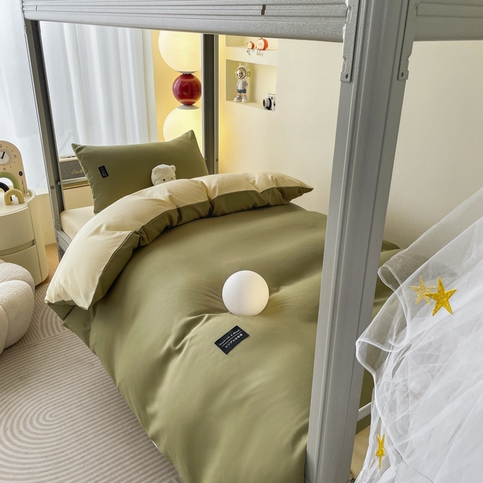 91家纺网 家纺一手货源 找家纺 米瑞娜2024水洗棉麻双拼纯色学生款四件套 抹茶+奶油