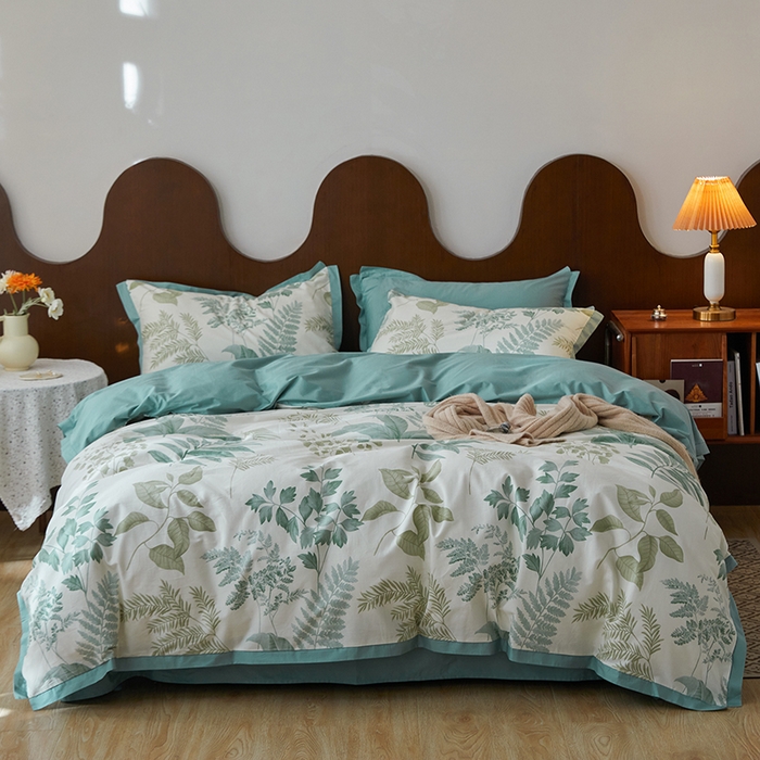 91家纺网 家纺一手货源 找家纺 千朵森 2024新款全棉长绒棉拼角款印花四件套（风格二） 绿茵